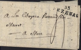 Hérault 34 Marque Postale 33 PEZENAS Noire 29X9 Taxe Manuscrite 4 Date 7 Messidor An 2 (1793) - 1701-1800: Précurseurs XVIII
