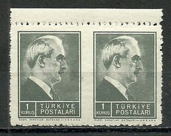 Turkey; 1944 2nd Inonu Issue 1 K. ERROR "Partially Imperf." - Unused Stamps