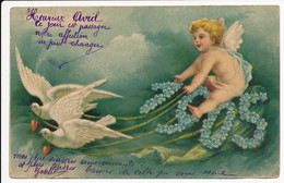 CPA Bonne Année 1905 Gaufrée Cupidon Amour Colombes Attelées - 1er Avril - Poisson D'avril