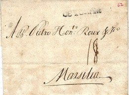 1762- Lettre De Livourne Pour Marseille -   Entrée Française    " DE TOSCANE  "  32 Mm - Marques D'entrées