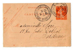 TB 3102 - 1913 - Entier Postal - Carte - Lettre De BORDEAUX Pour Melle MORI à BORDEAUX - Cartes-lettres