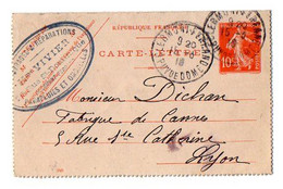 TB 3103 - 1910 - Entier Postal - Carte - Lettre De Mme VIVIER Parapluies & Ombrelles à CLERMONT - FERRAND Pour LYON - Kaartbrieven