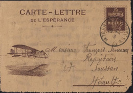 Carte-lettre De L'espérance Illustrée Avion Biplan Semeuse Franchise Militaire CAD Trésor Et Postes 20 4 1918 Guerre 14 - Letter Cards