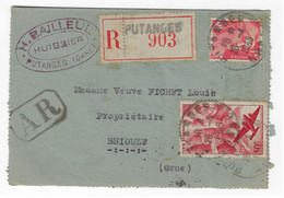 PUTANGES Orne Lettre Recommandée  AR  50F Poste Aérienne 15 F Gandon Etiquette Yv 813 PA17  Ob 26 4 1949 - Covers & Documents