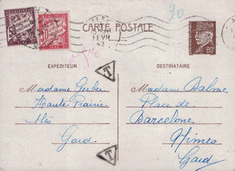 GARD - ALES - PETAIN - ENTIER POSTAL A 80c POUR NIMES - TAXE BANDEROLE 50+30 A L'ARRIVEE A NIMES - LE 2 FEVRIER 1942. - 1859-1959 Lettres & Documents