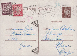 GARD - ALES - PETAIN - ENTIER POSTAL A 80c POUR NIMES - TAXE BANDEROLE 50+30 A L'ARRIVEE A NIMES - LE 2 FEVRIER 1942. - 1859-1959 Brieven & Documenten