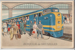 BRUXELLES - Carte à Système  " Bonjour à Bruxelles ". Train. Gare. Carte Humoristique. Carte Complète ( 10 Petite Vues ) - Other