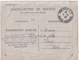 1946 - CARTE-LETTRE De SERVICE En FRANCHISE De La RADIODFFUSION FRANCAISE à TOULOUSE (HAUTE GARONNE) => AUDE - Cartas Civiles En Franquicia