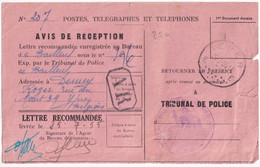 1955 - AVIS De RECEPTION FRANCAIS De LETTRE RECOMMANDEE De TRIBUNAL De POLICE De BAILLEUL (NORD) => YPRES (BELGIQUE) ! - Covers & Documents