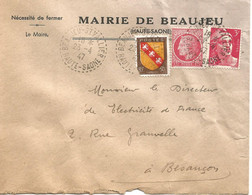 France Enveloppe De Mairie BEAUJEU  (70 Haute Saône)  1947 - 1921-1960: Période Moderne