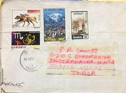 ROMANIA 2002, USED COVER TO INDIA,HORSEMAN ,CAPRICIOUS,TOWER ,MOUNTAIN 4 STAMPS BOTOSANI TRANZIT CANCELLATION - Lettres & Documents