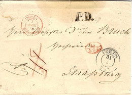 1848- Cover From COELN To Strasbourg  - P.D . Black + 11 / A.E.D.   Red  +  PRUSSE / STRASBOURG Red ( Noël N°1018 ) - Marques D'entrées