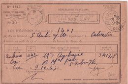 1945 - RARE CARTE AVIS EMISSION De MANDAT URGENT ! De CAEN (CALVADOS) => BUREAU De ST AUBIN SUR MER - Cartas Civiles En Franquicia