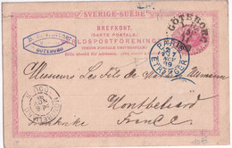 1889 - SUEDE - CP ENTIER POSTAL De GÖTEBORG Avec SUPERBE ENTREE De PARIS ETRANGER ! => MONTBELIARD (DOUBS) - Ganzsachen