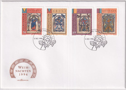 MiNr. 1141 - 1144  Liechtenstein1996, 2. Dez. Weihnachten: Die Symbole Der Evangelisten - FDC - Gemälde