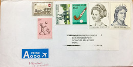 BELGIUM 2021 ,CORONA PERIOD, COVER USED TO INDIA,  NUDE STATUE, HOCKEY, QUEEN, CHILDREN BALL PLAYING WITH DOG, HORSE CAR - Storia Postale