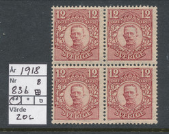 Sweden 1918 Facit # 83a. Block Of 4. Gustaf V Medaljong. MNH (**) - Neufs