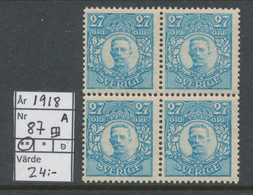 Sweden 1918 Facit # 87. Block Of 4. Gustaf V Medaljong. MNH (**) - Ongebruikt