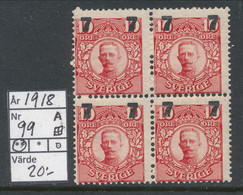 Sweden 1918 Facit # 99. Block Of 4.Provisionals Surcharge On  Gustaf V Medaljong. MNH (**). - Neufs