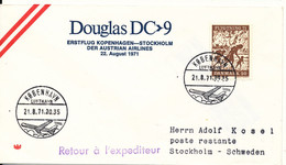 Denmark First Douglas DC-9 Flight Cover Austrian Airlines Copenhagen - Stockholm 21-8-1971 - Covers & Documents