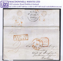 Ireland Derry Uniform Penny Post 1840 Cover To Exeter Prepaid Double Rate With Framed PAID AT/DERRY In Red - Préphilatélie