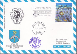 VN 1992, Ballonpostflug 10 Jahre Friedensgemeinde St. Ulrich - Storia Postale