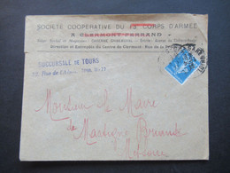 Frankreich 1923 Umschlag Societe Cooperative Du 13 Corps D'Armee A Clermont Ferrand / Succursale De Tours - Covers & Documents