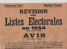 Révision Des Listes électorales En 1954 Avis Grenoble 1953 Préfet Ricard - Manifesti