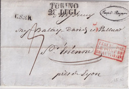 ITALIE - 1838 - LETTRE De TORINO => ST ETIENNE (LOIRE) Avec ENTREE "ITALIE PAR LE PONT DE BEAUVOISIN" + "5" ROUGE - Marques D'entrées