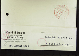 Lokal/Bar: Fern-Karte Aus GEYER (ERZGEB) Vom 30.8.45 Mit Rotem Rund- Stpl. "BEZAHLT" Nach Magdeburg - Lettres & Documents