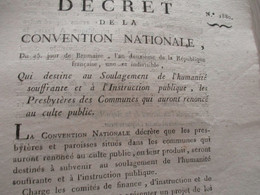 Décret Convention Nationale Brumaire AN II Mission Presbytères Des Communes Ayant Renoncer Au Culte Public - Wetten & Decreten