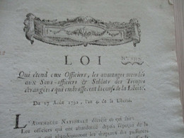 Révolution Loi 17 Aout 1792 Avantages Aux Officiers Des Troupes étrangères Qui Embrassent La Cause De La Liberté - Décrets & Lois