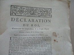 Déclaration Du Roi 17/10/1779 Concernant La Comptabilité Et Le Trésor Royal Mouillures - Décrets & Lois