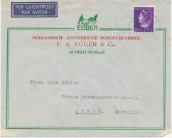 NIEDERLANDE 1940 Königin Wilhelmina 20 C Dunkelviolett Portogerechte EF Auf Kab.-Flugpostbrief Von „ALMELO“ Nach „ARBON" - Lettres & Documents