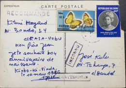 ZAIRE 1977, USED TOENED POSTAL STATIONARY CARD ,MAMA MOBUTO ,BUTTERFLY STAMP CONGO ,OVERPRICED INCONNU ,RETOUR A LEVOYEU - Usati