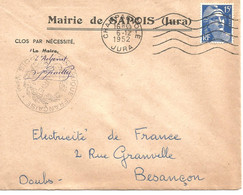 France Enveloppe De Mairie  Sapois(39-Jura) Cachet à Date :1952 + Cachet Mairie - 1921-1960: Periodo Moderno