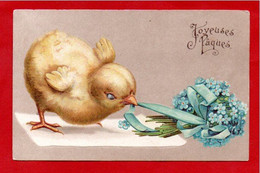CPA  Gaufrée  "Joyeuses Pâques"  Gros Poussin ,bouquet De Myosotis - Pâques
