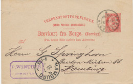 NORWEGEN 1893, 10 Ö Posthorn Kab.-Auslands-GA-Postkarte (Wertstempel In Grotesk) Mit K2 „CHRISTIANIA“ Nach „HAMBURG“ - Lettres & Documents