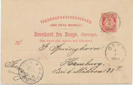 NORWEGEN 1897, 10 Ö Posthorn Kab.-Auslands-GA-Postkarte (Wertstempel In Antigua) Mit Seltene K2 „ODDE“ Nach „HAMBURG“ - Covers & Documents