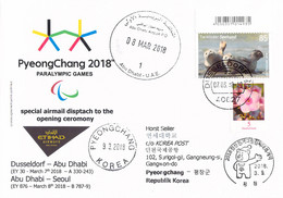 Germany Special Airmail Opening Ceremony 2018 PyeongChang Paralympic Games From Düsseldorf Via Abu Dhabi To - Winter 2018: Pyeongchang