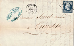 Lettre Enveloppe Timbre Napoléon III 20 C Bleu Cachet Et Tampons 28 Mars 1856 - 1849-1876: Classic Period