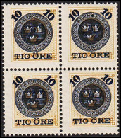 1889. SVERIGE. Surcharge On Circle Type 10 ÖRE On 24 öre Orange. LUX 4-BLOCK With Var Blue Ink... (Michel 40) - JF517527 - Neufs