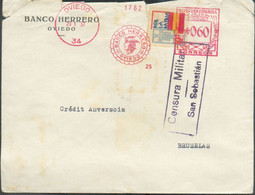 Affr; Mécanique 0,60 + Vignette POR LA PATRIA Obl. Sc OVIEDO 29-1-1937 + Banco Herrero Et Griffe Censura Militar San Seb - Nationalistische Censuur