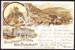 1896 Gelaufene Litho AK Aus Schuls Tarasp. Hotel Und Pension De La Poste Mit Post-Kutsche. Kônz Pinöch & Cie - Tarasp