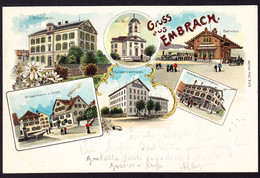 1900 Gelaufene Litho AK, 6 Bildrig Mit Bahnhof. Bahnstempel EMBRACH In Violett. - Embrach