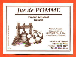 Etiquette Neuve De Jus De Pomme Artisanal Gionnet Père Et Fils à Cézy 89410 - 75 Cl - Obst Und Gemüse