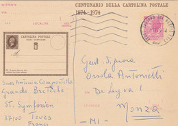 ITALIA - BASSANO DEL GRAPPA - (VI)- CENTENARIO DELLA CARTOLINA POSTALE 1874 - 1974 -VIAGGIATA PER MONZA - Interi Postali