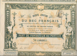 SOCIETE DU BEC FRANCAIS -PART DE FONDATEUR -BELLE ILLUSTRATION - ANNEE 1907 - Elettricità & Gas