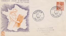 Enveloppe  FDC   1er  Jour   FRANCE   MOISSONNEUSE    PARIS  PHILATELIE   1957 - 1950-1959
