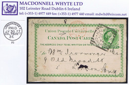 Ireland Derry Maritime 1894 Red Cds LONDONDERRY PAID COL PACKET OC 25 94 On Canada 2c Ps Card To London - Préphilatélie